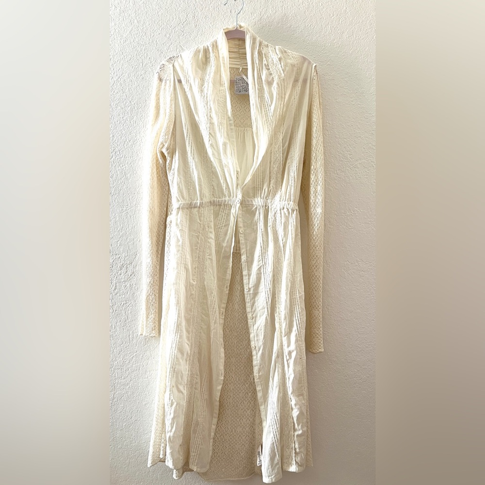 Free People Ivory cotton and crochet button front duster jacket. NWT. Size large
